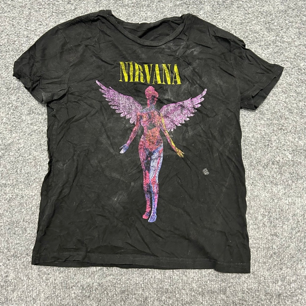 Nirvana T-Shirt Womens Size XS Black In Utero Angel Graphic Distressed Band Tee